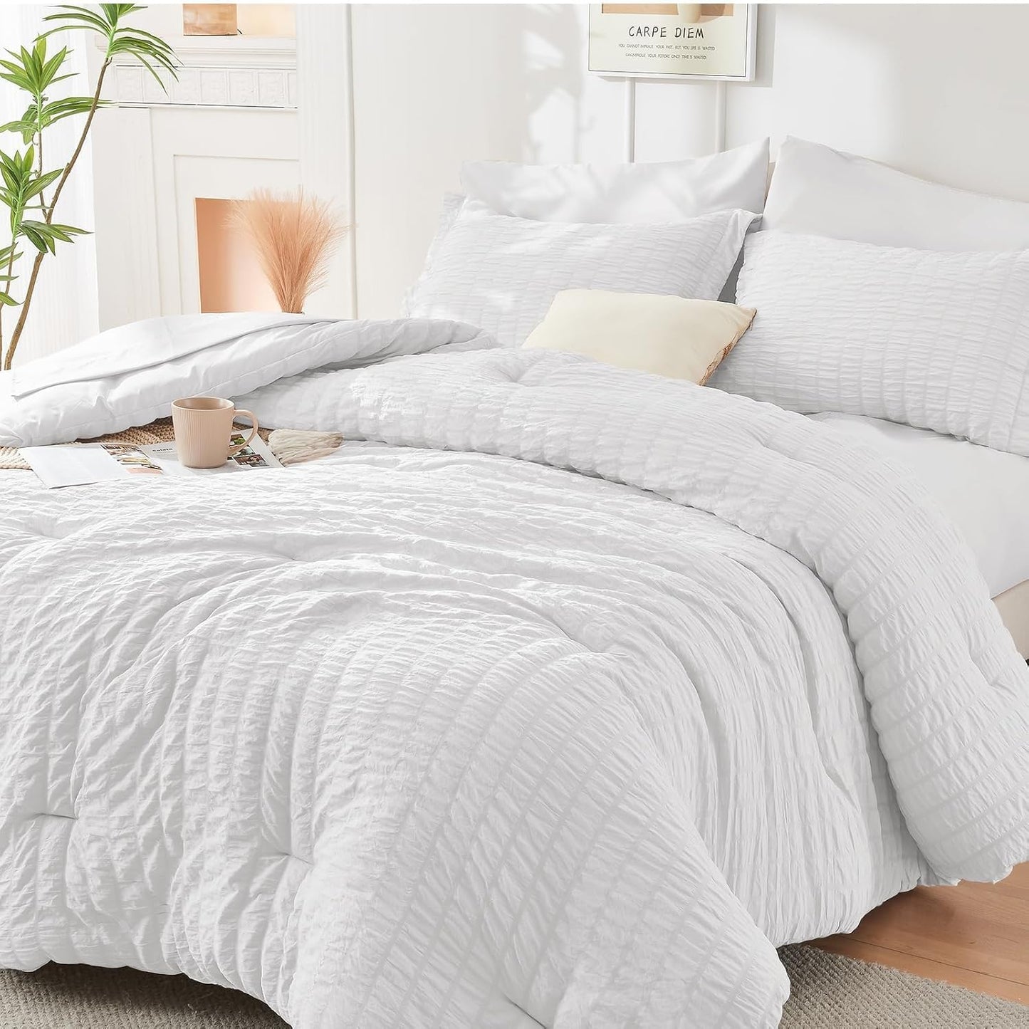 HYMOKEGE White Queen Comforter Set for All Season Luxury Bedding