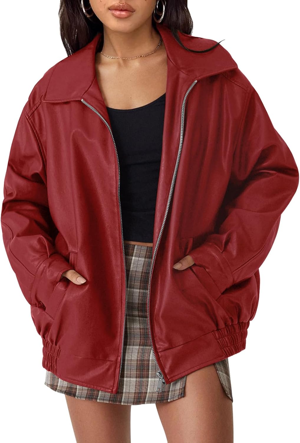Oversized Faux Leather Jacket for Women - Trendy Motorcycle Style