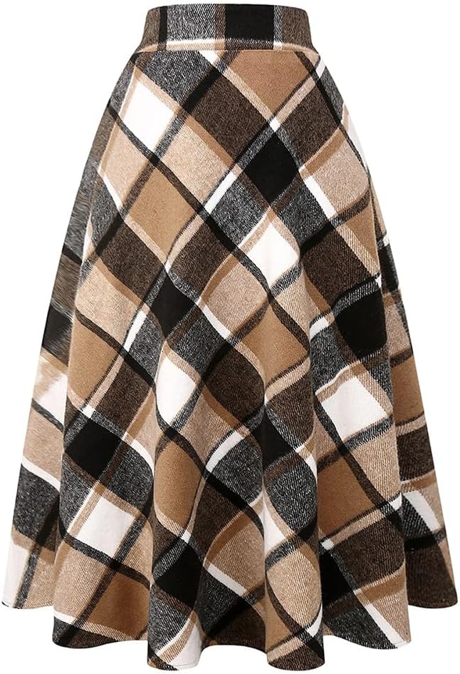 Long Plaid Wool Skirt for Womens Winter Fall Warm High Waist