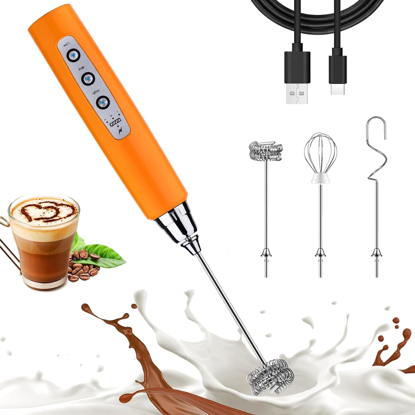 Nahida Orange Rechargeable Milk Frother - 3 Heads, 3 Speeds