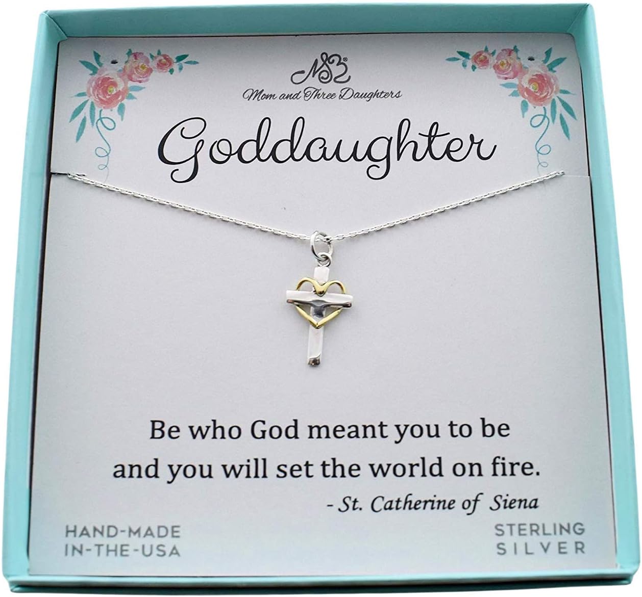 Goddaughter Necklace with Sterling Silver Cross and Bronze Heart