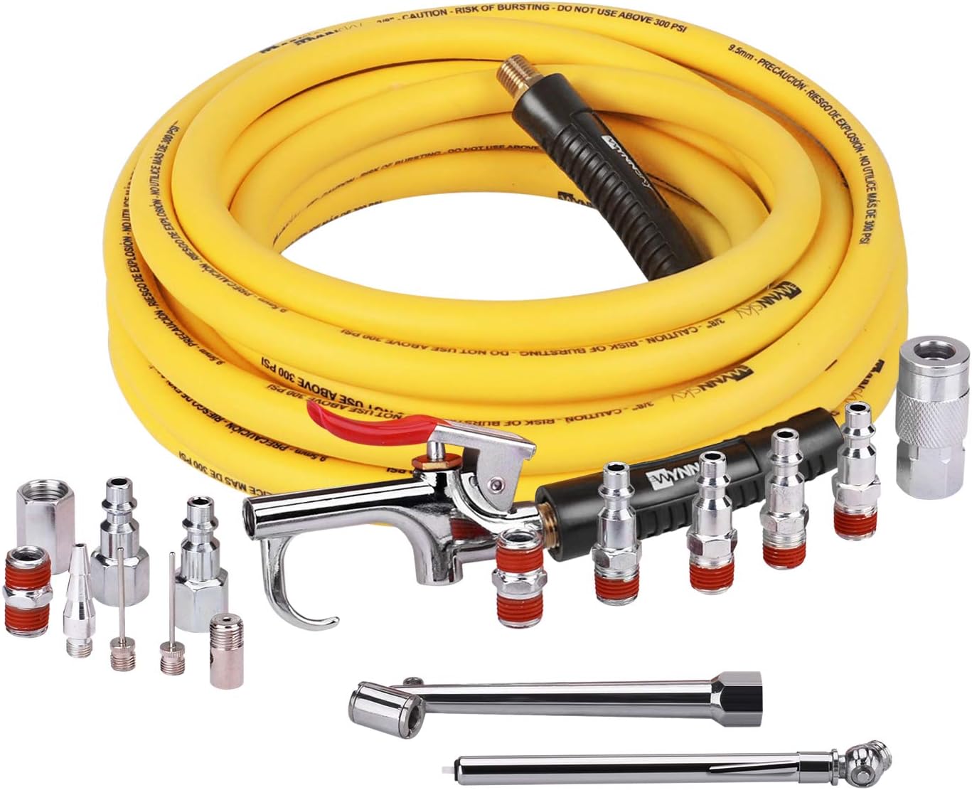 WYNNsky 18pc Air Compressor Kit: 25ft Hybrid Hose, Quick Connect Fittings, Tire Gauge