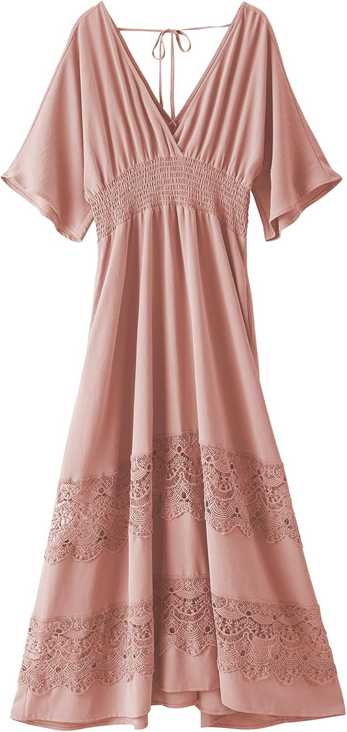 Women's Lace Maxi Dress with Smocked Waist for Boho Style