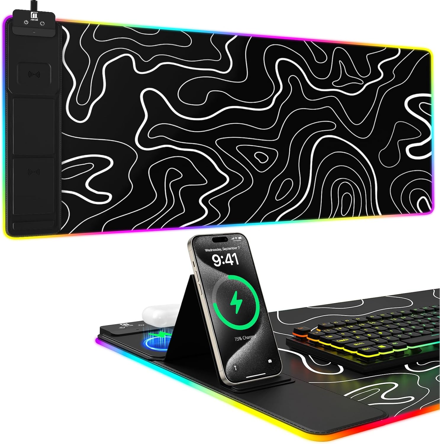 Wireless Charging Mouse Pad with Phone Holder and RGB Lighting