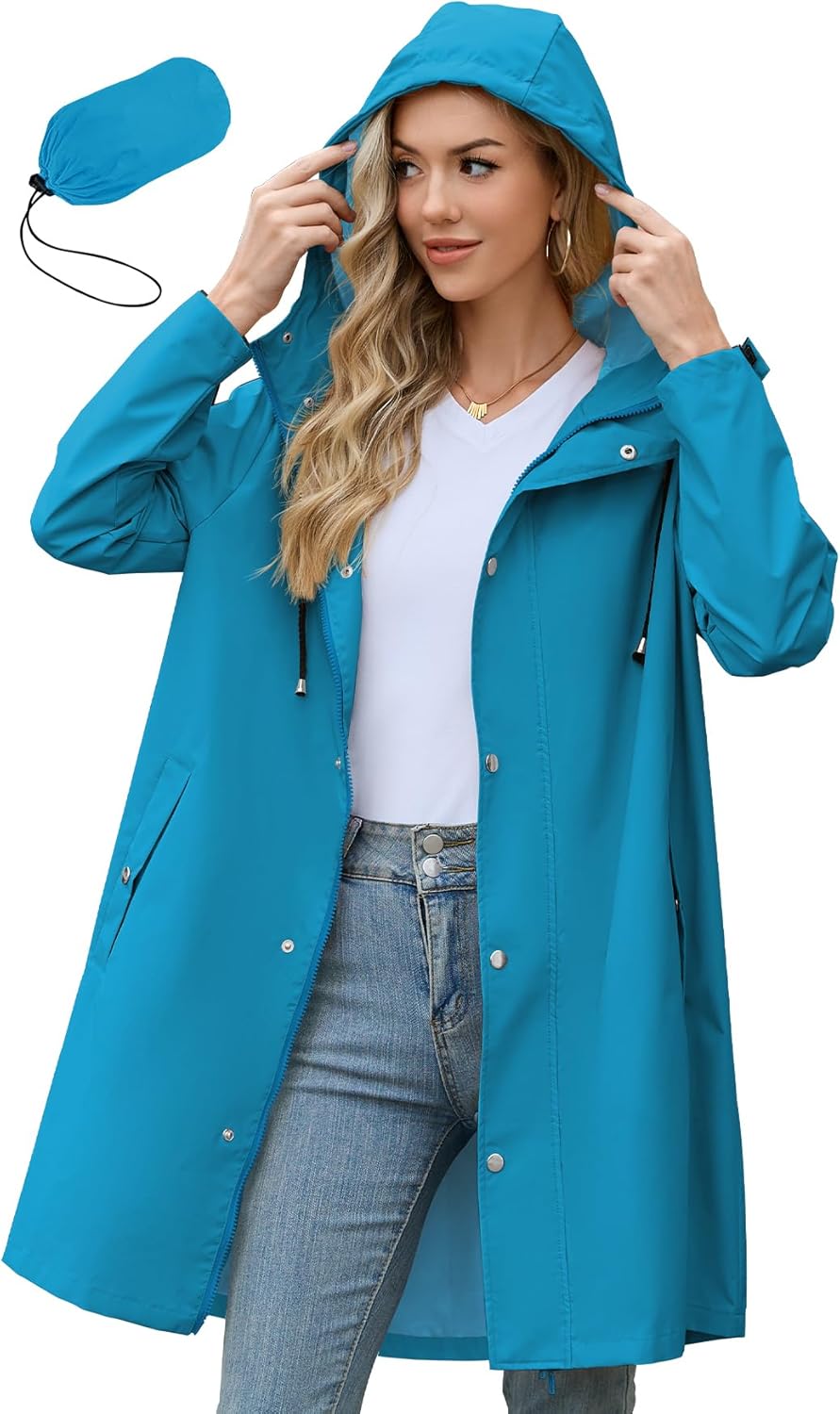 Zando Long Packable Rain Jacket Women Waterproof Windbreaker