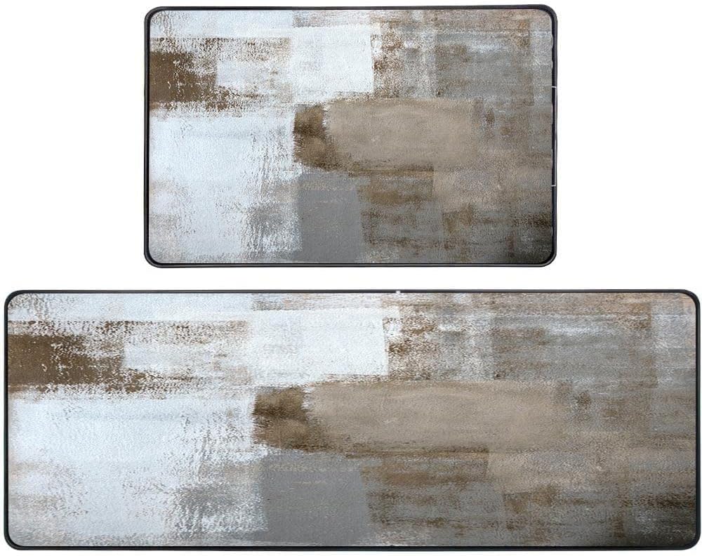 Farmhouse Kitchen Rugs Grey and Brown Abstract Art 2 Piece Set