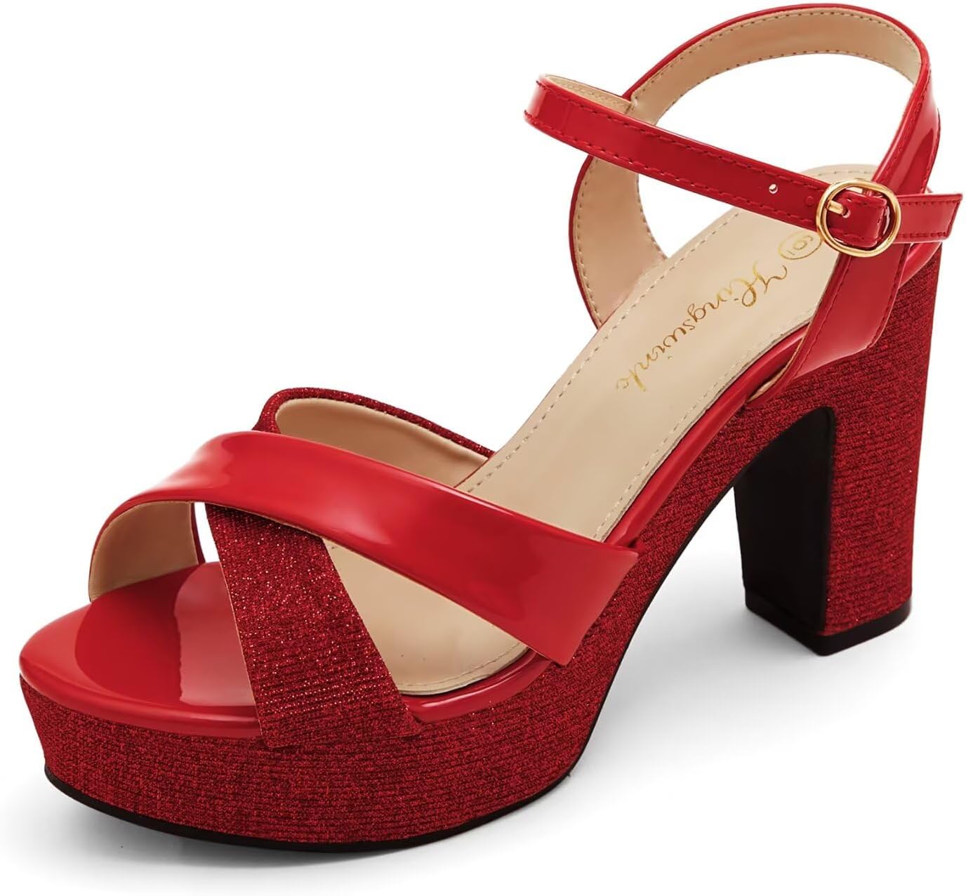Womens Sparkly Platform Dress Sandals with Chunky Block Heel