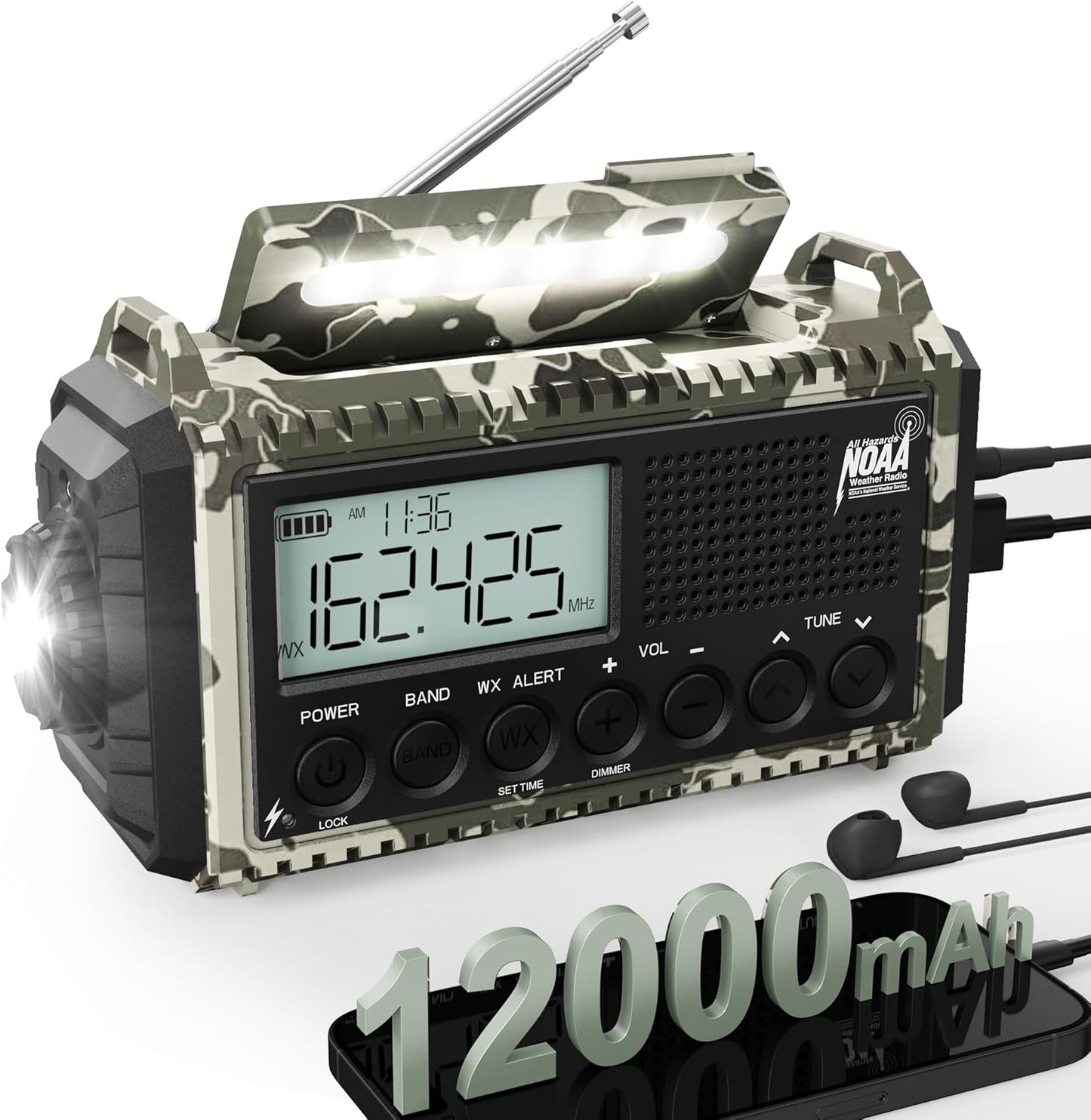 Hand Crank Solar Emergency Radio with 12000mAh Battery Power