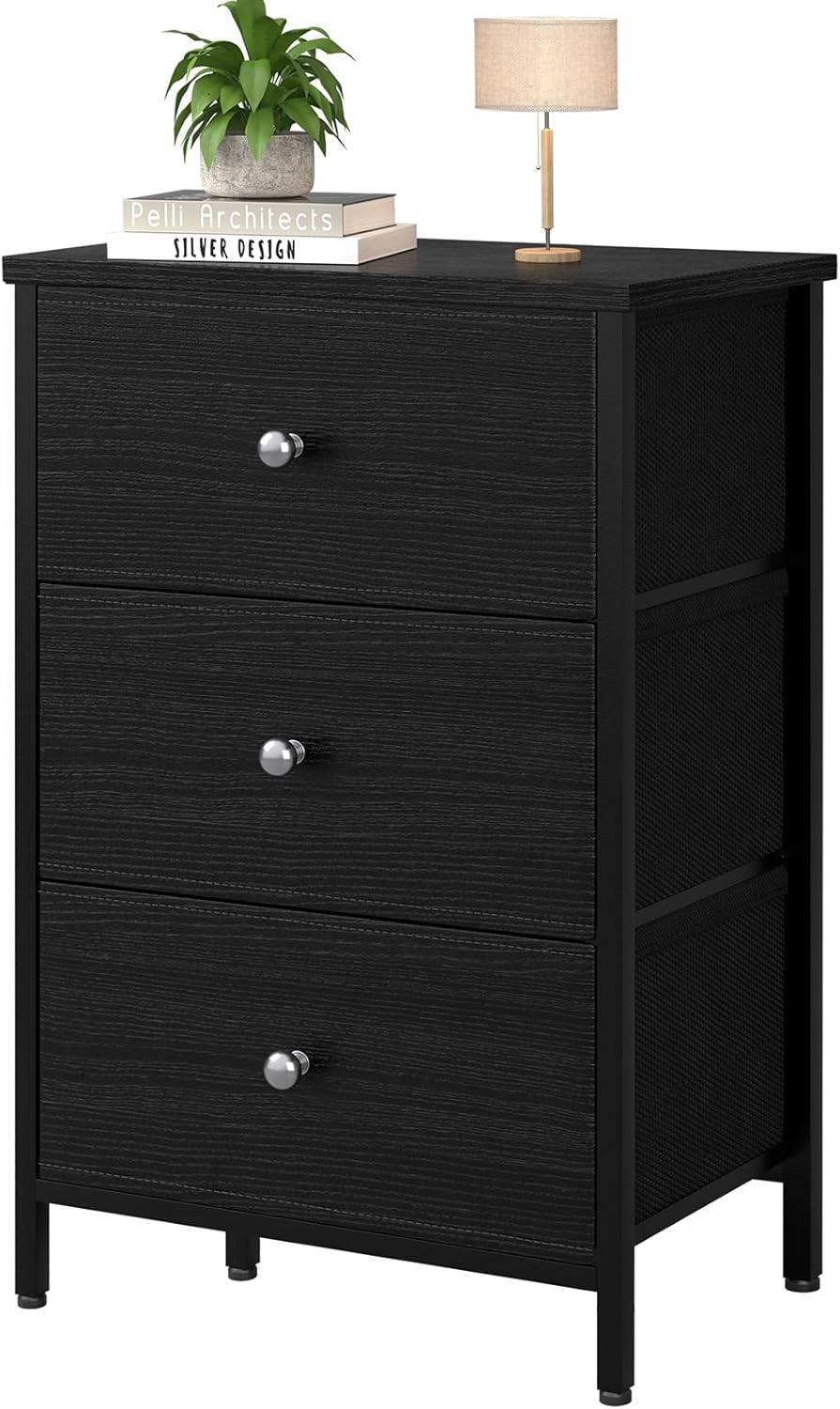 BOLUO Black Night Stand with 3 Drawers for Modern Spaces