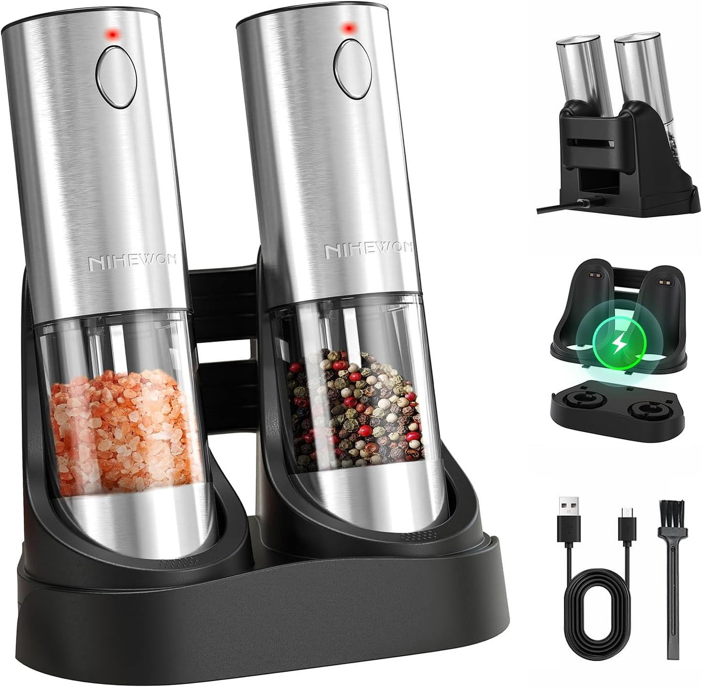 Electric Salt and Pepper Grinder Set with LED Light and Coarseness