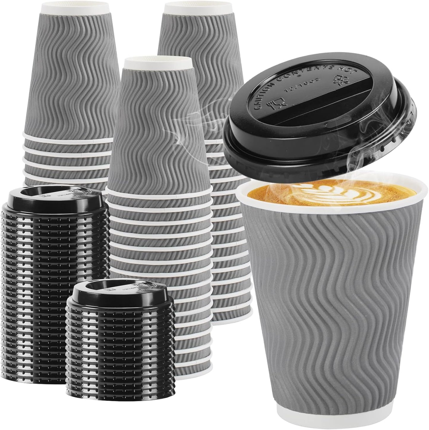Insulated Grey Coffee Cups with Lids - 100 Pack