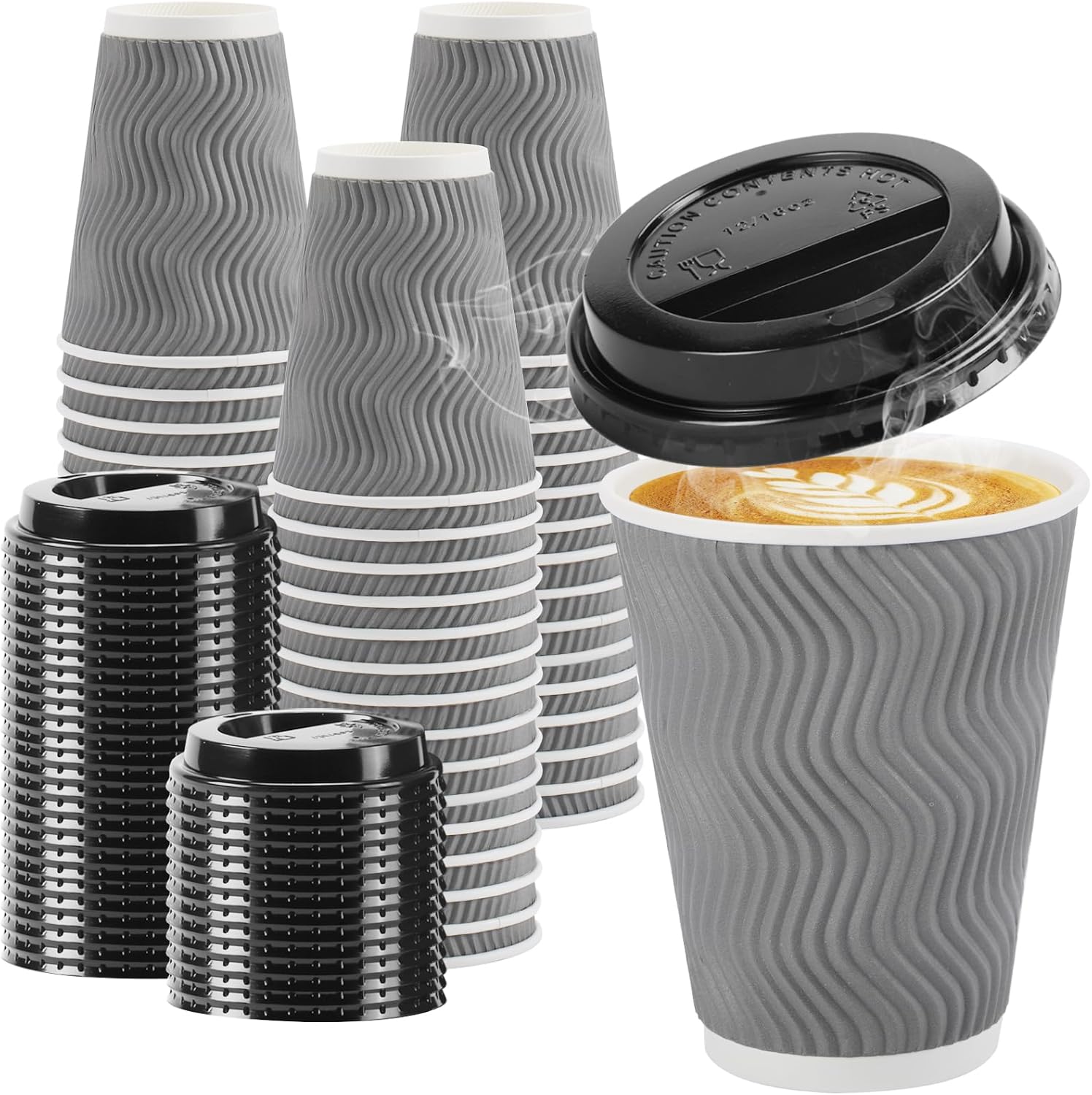 Insulated Grey Coffee Cups with Lids - 100 Pack