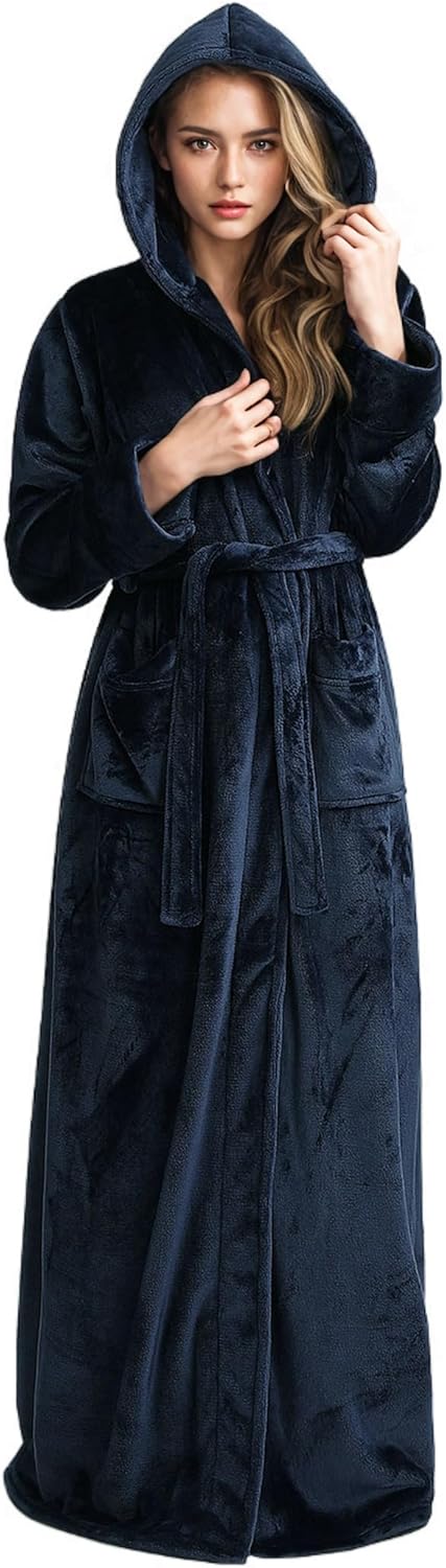 Luxurious Flannel Fleece Long Hooded Robe for Women Comfort