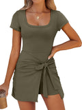 Caracilia Women Square Neck Tie Waist Romper Mini Dress - Flattering
