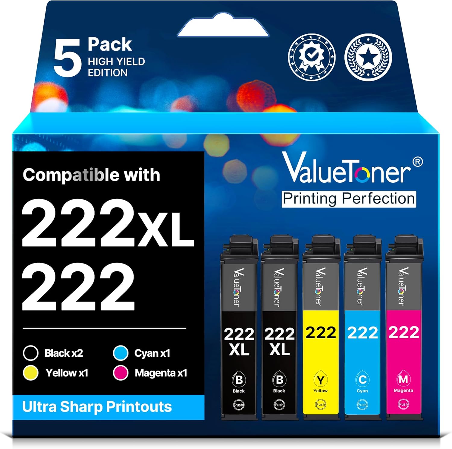 Valuetoner 222XL High-Capacity Black & Color Ink Cartridges