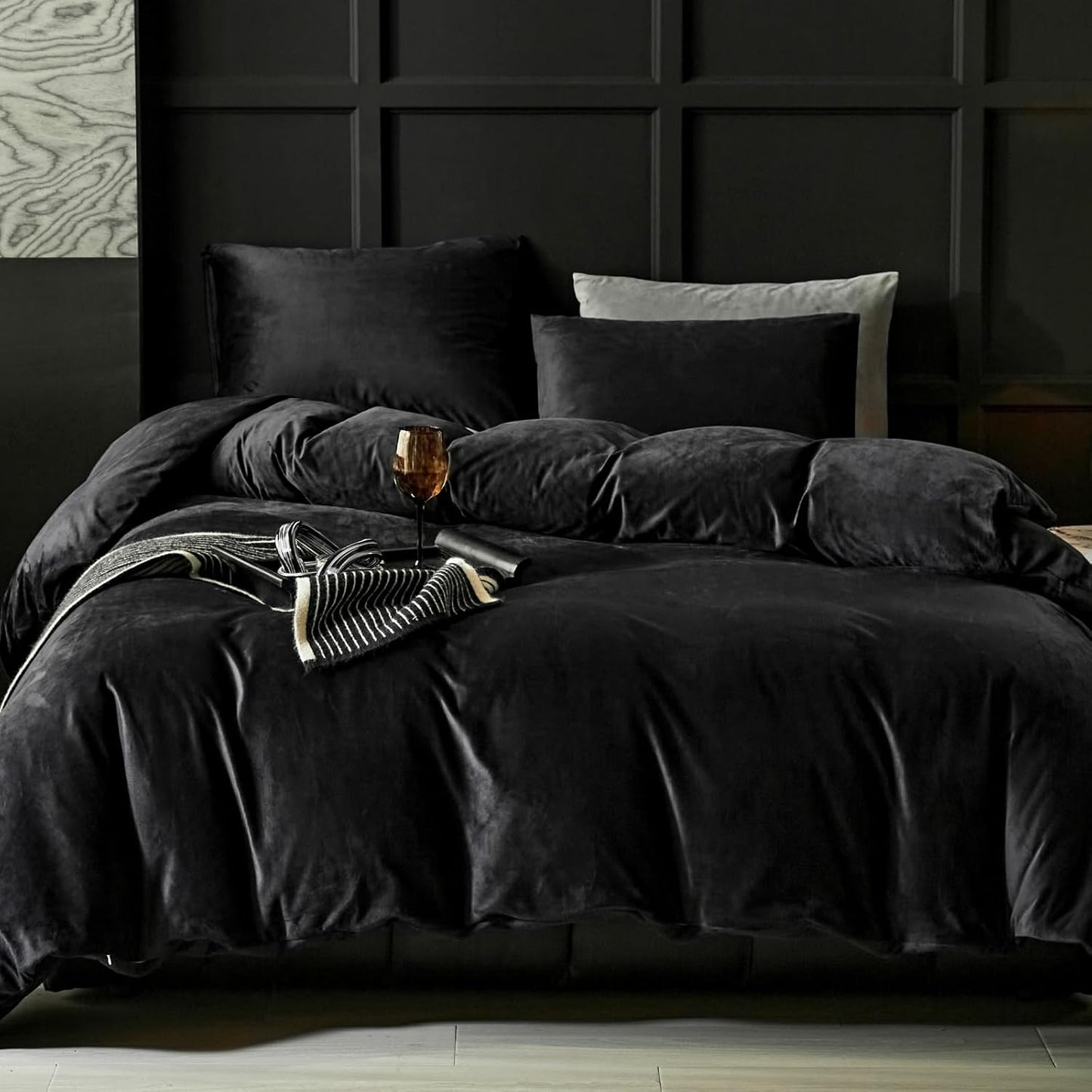 Ultra Soft Black Flannel Velvet Duvet Cover King Size Set