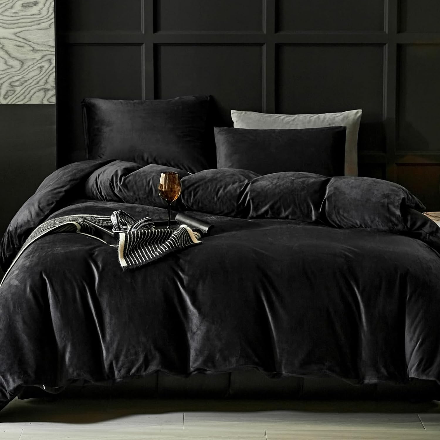 Ultra Soft Black Flannel Velvet Duvet Cover King Size Set