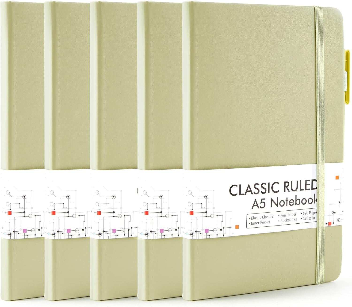 feela 5 Pack Avocado Green Journals: Ruled, Pen Holder, 5 Pens