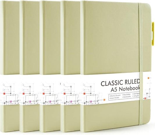feela 5 Pack Avocado Green Journals: Ruled, Pen Holder, 5 Pens