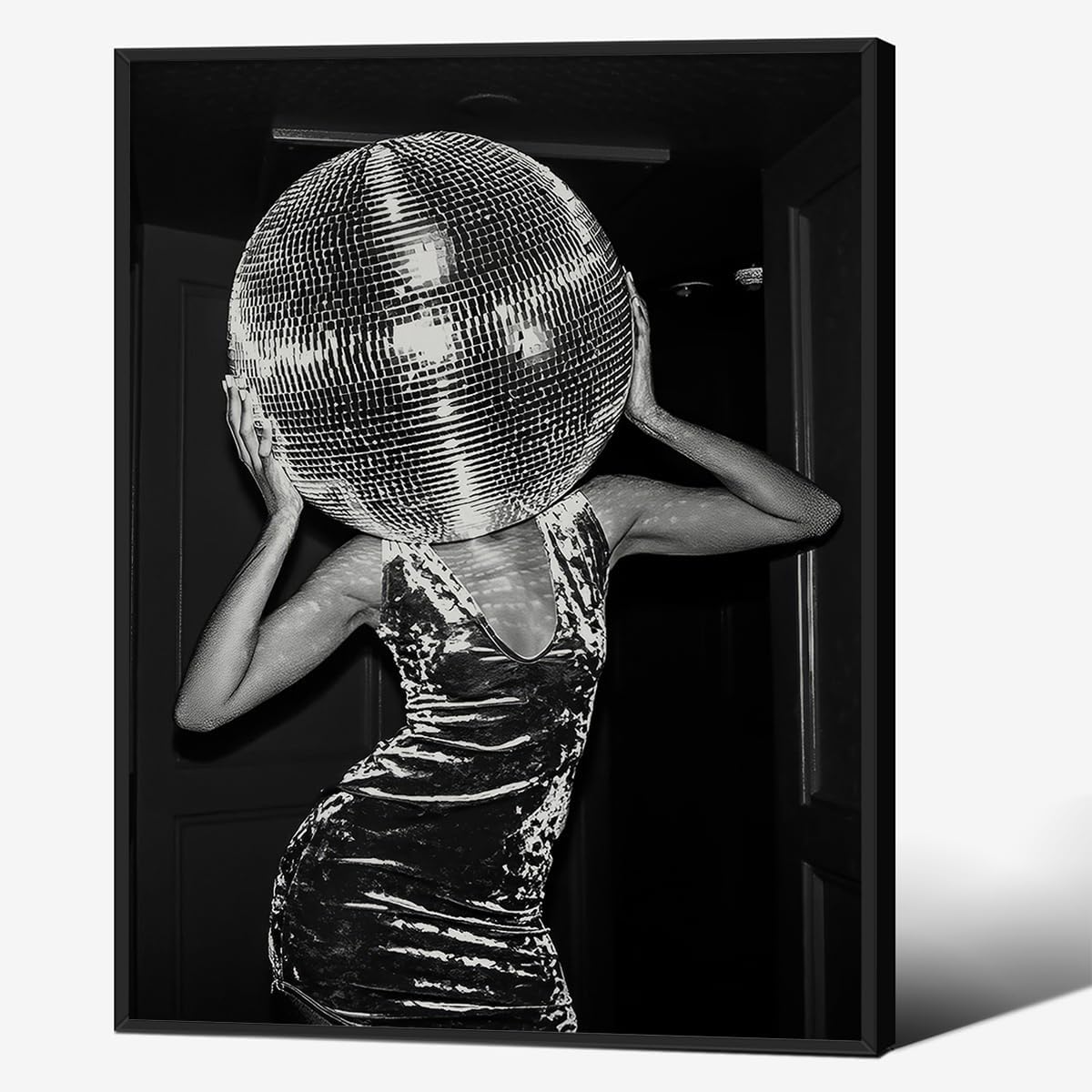 Vintage Funky Y2k Hot Girl Poster Black and White Disco Ball Art