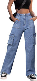 Women High Waisted Denim Cargo Pants Wide Leg - 6 Pockets