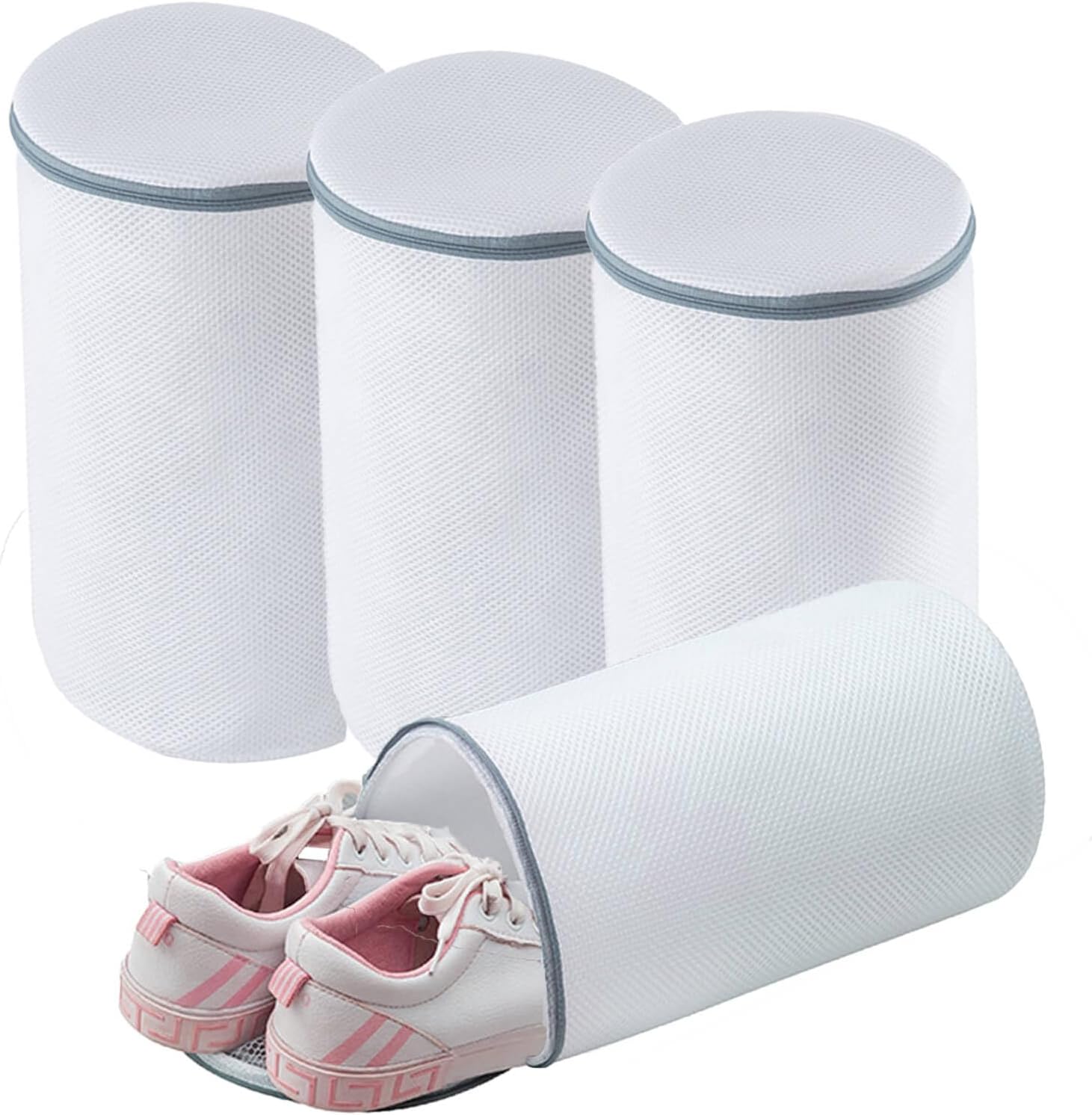 4 Pack Shoe Wash Bags, Grey Zipper, Honeycomb Fabric, XL Size - Keep Your Shoes Fresh!