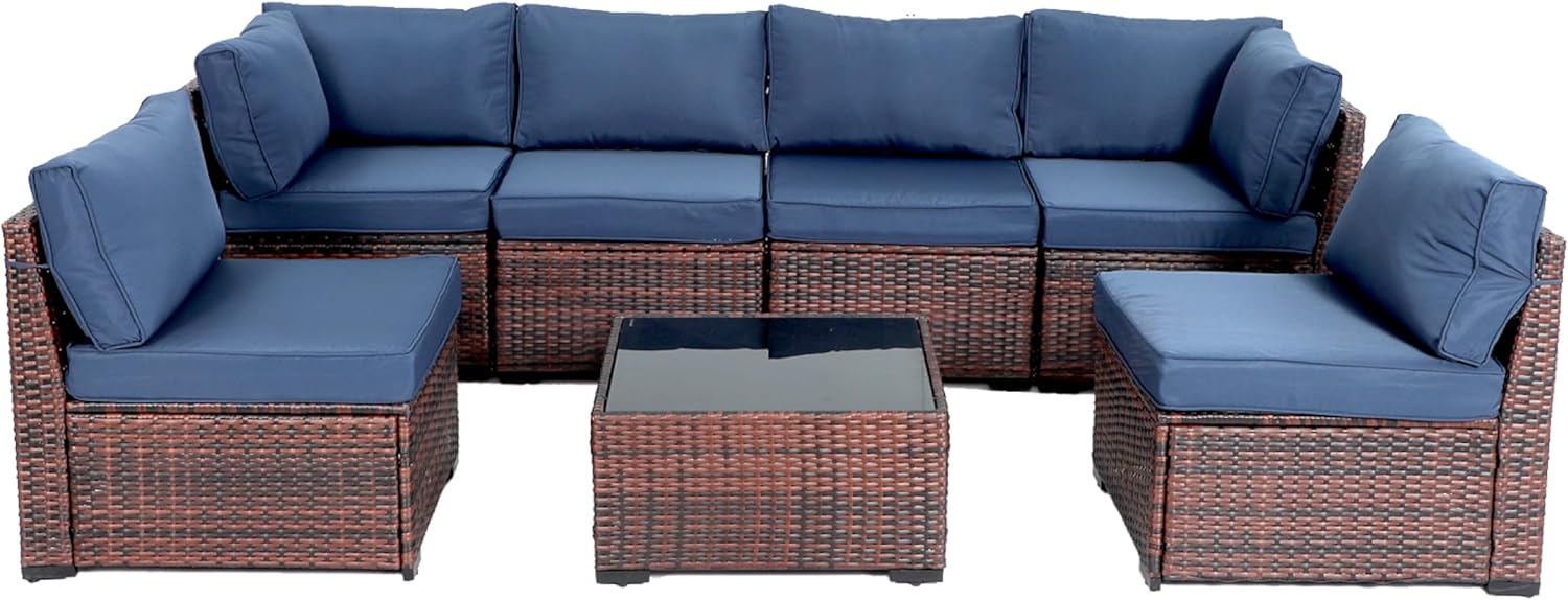 7 Piece Outdoor Furniture Set with Navy Blue Cushions for Comfort