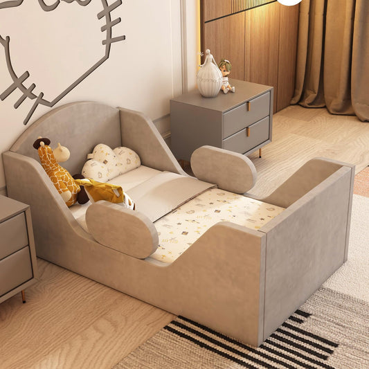 Toddler Bed Round with Rail and Upholstered Design for Kids