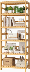 FOTOSOK 6-Tier Bamboo Shelf Bookcase - Tall Adjustable Storage Rack