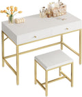 31.5 in White and Gold Desk with Stool - Compact Modern Vanity