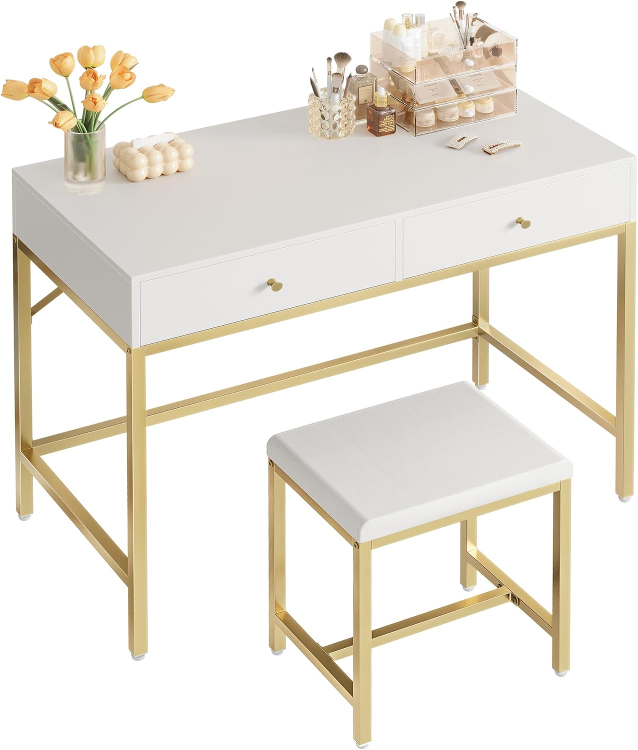 Modern White and Gold Desk with Padded Stool for Small Spaces