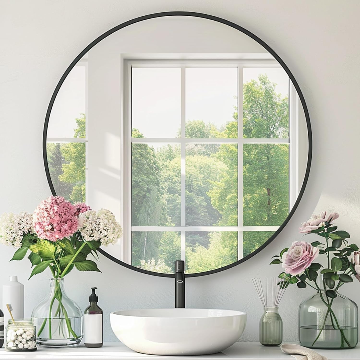 Black Round Mirror 24 inch with Metal Frame for Any Room