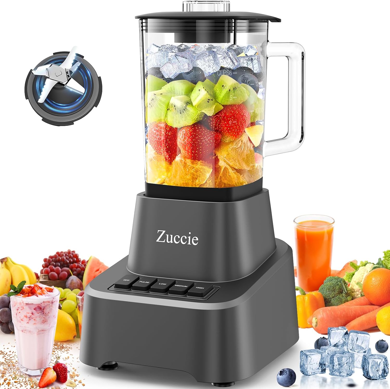 Zuccie 750W Blender: 4 Speeds, 54oz Glass Jar - Blend Smoothies, Sauces!