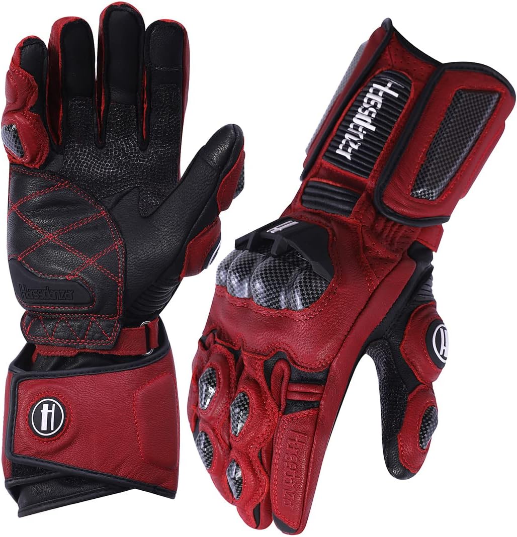 Harssidanzar Leather Motorcycle Gloves with Carbon Fiber Knuckles