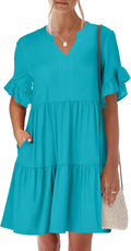 Womens Ruffle Short Sleeve V Neck Tiered Mini Dress - Flowy Casual 95%