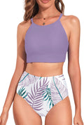 Women's High Neck Tropical Leaf Print High Waisted Bikini Set lined