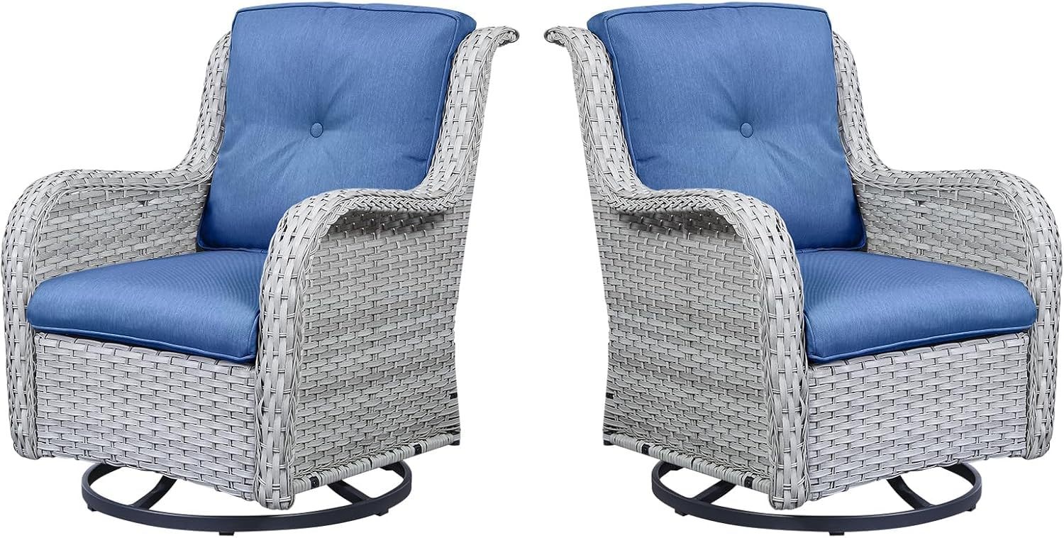 Outdoor Swivel Rocker Patio Chairs Set of 2 with Blue Cushions
