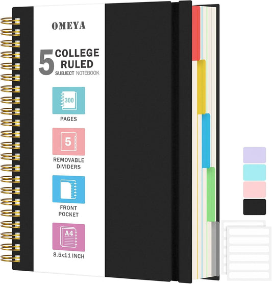 OMEYA Large 300 Pages Spiral Notebook, 5 Subject, Removable Dividers, 100GSM Thick