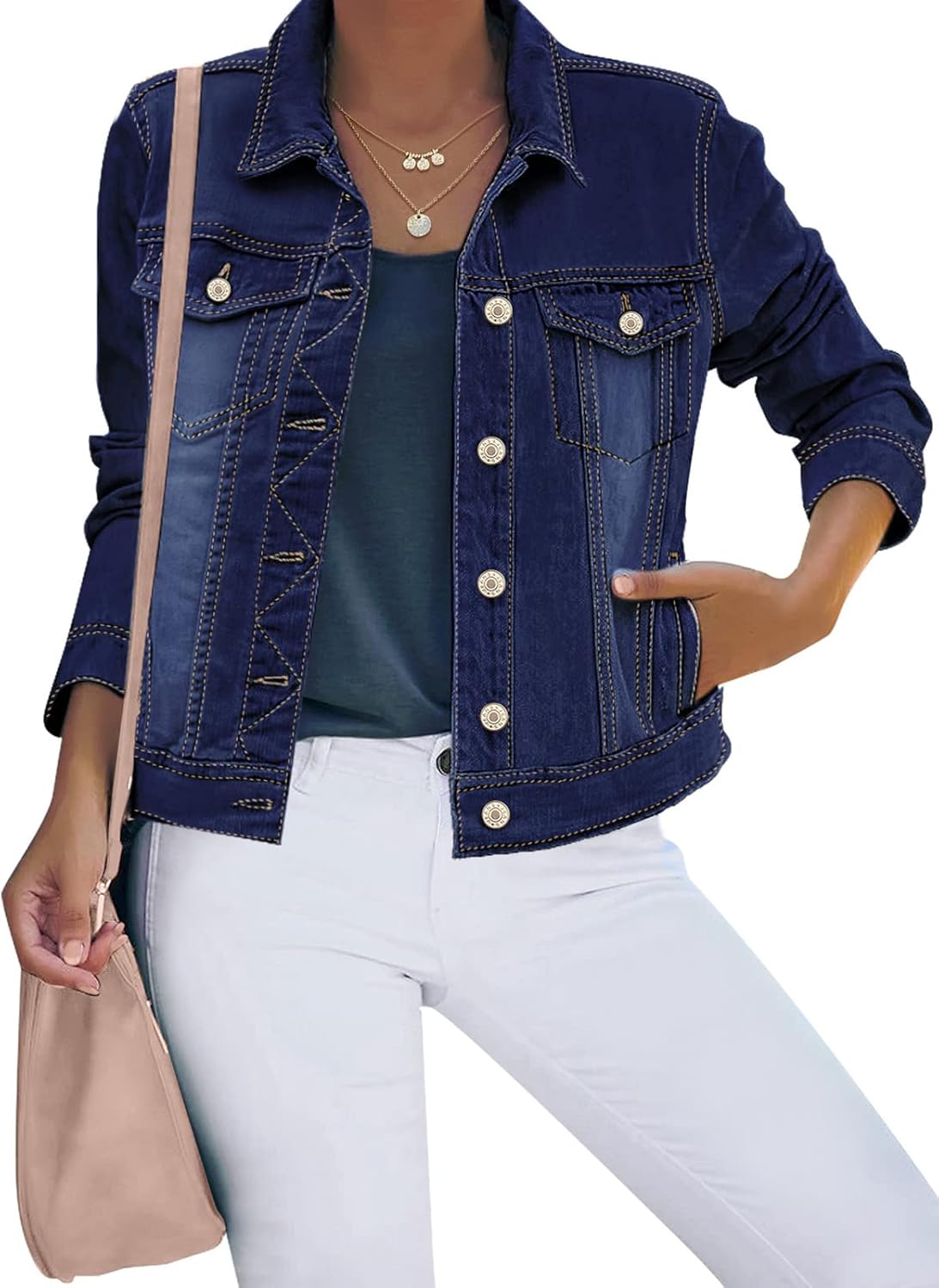 Luvamia Women's Basic Button Down Stretch Fitted Denim Jacket