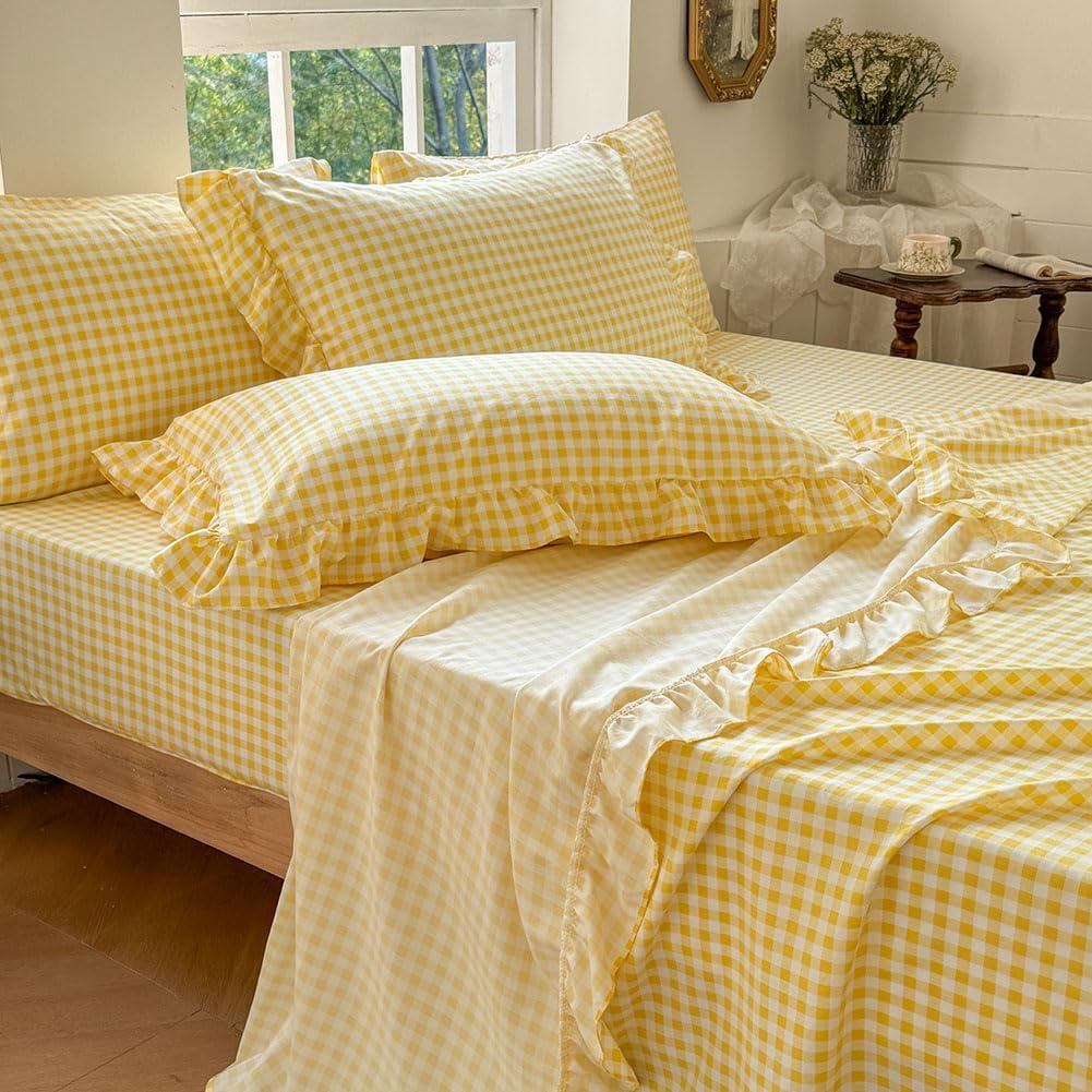 Yellow Gingham Ruffle Full Sheet Set for Cozy Farmhouse Style