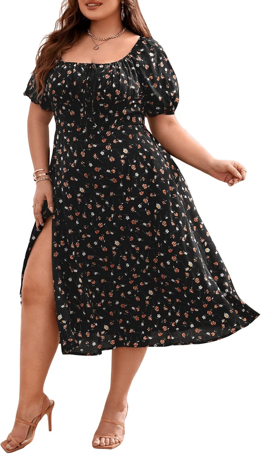 Floerns Women's Plus Size Floral Print Midi Dress for Summer