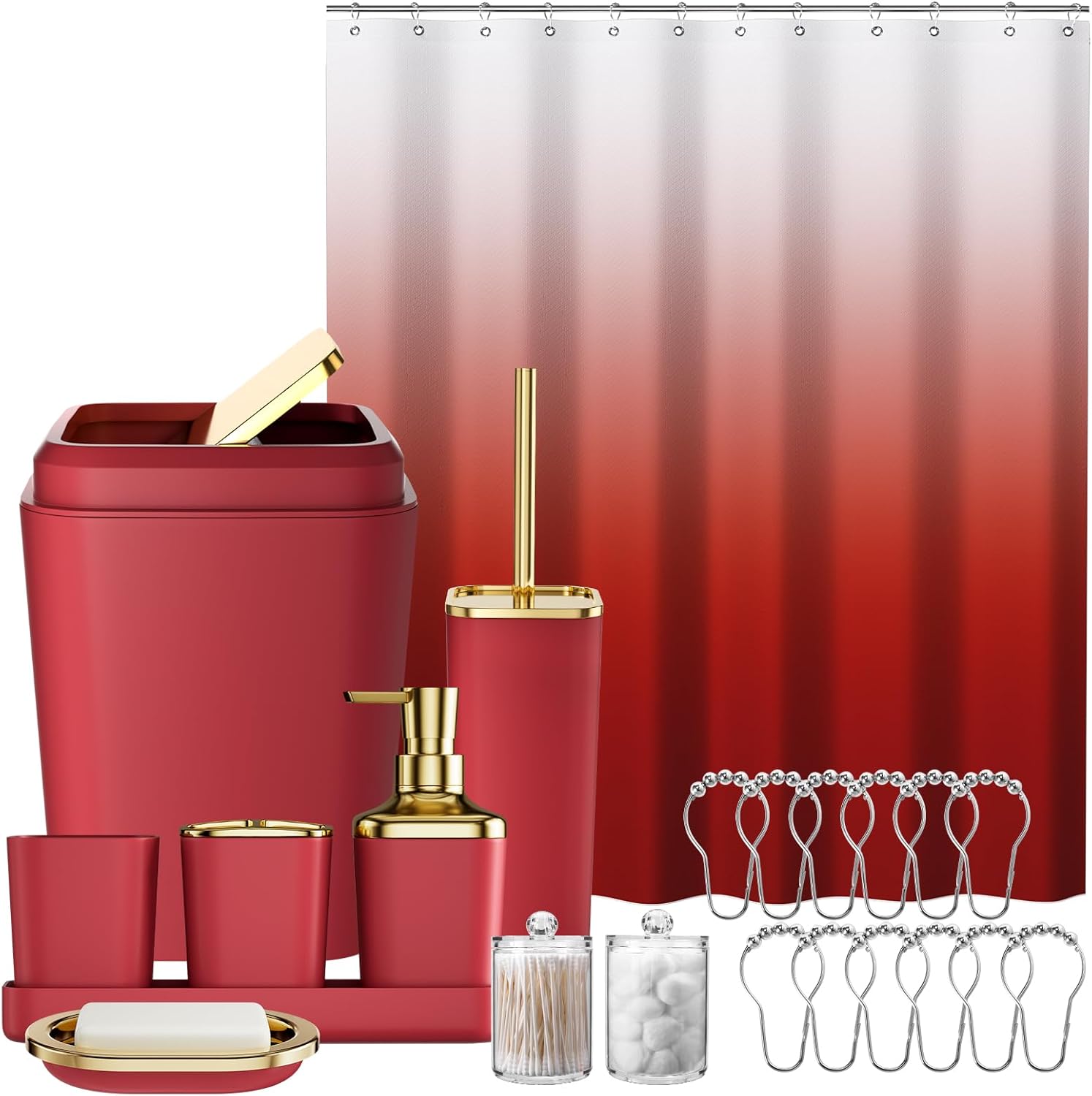 Burgundy Bathroom Accessories Set with Ombre Shower Curtain