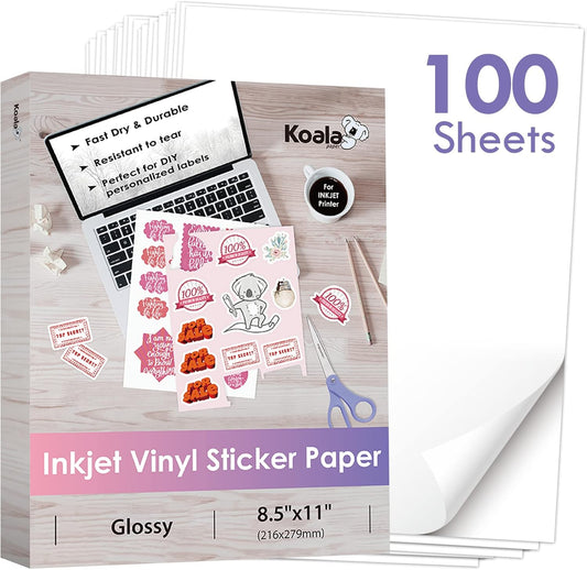 100 Glossy White Water-Resistant Sticker Sheets by Koala Paper