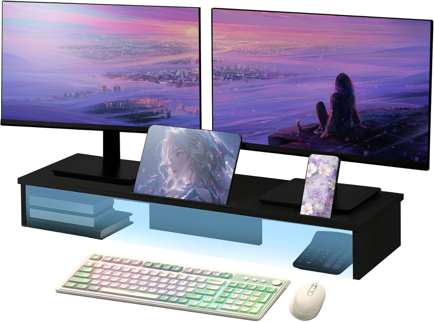 Dual Monitor Stand Riser with LED Lights and Phone Holder