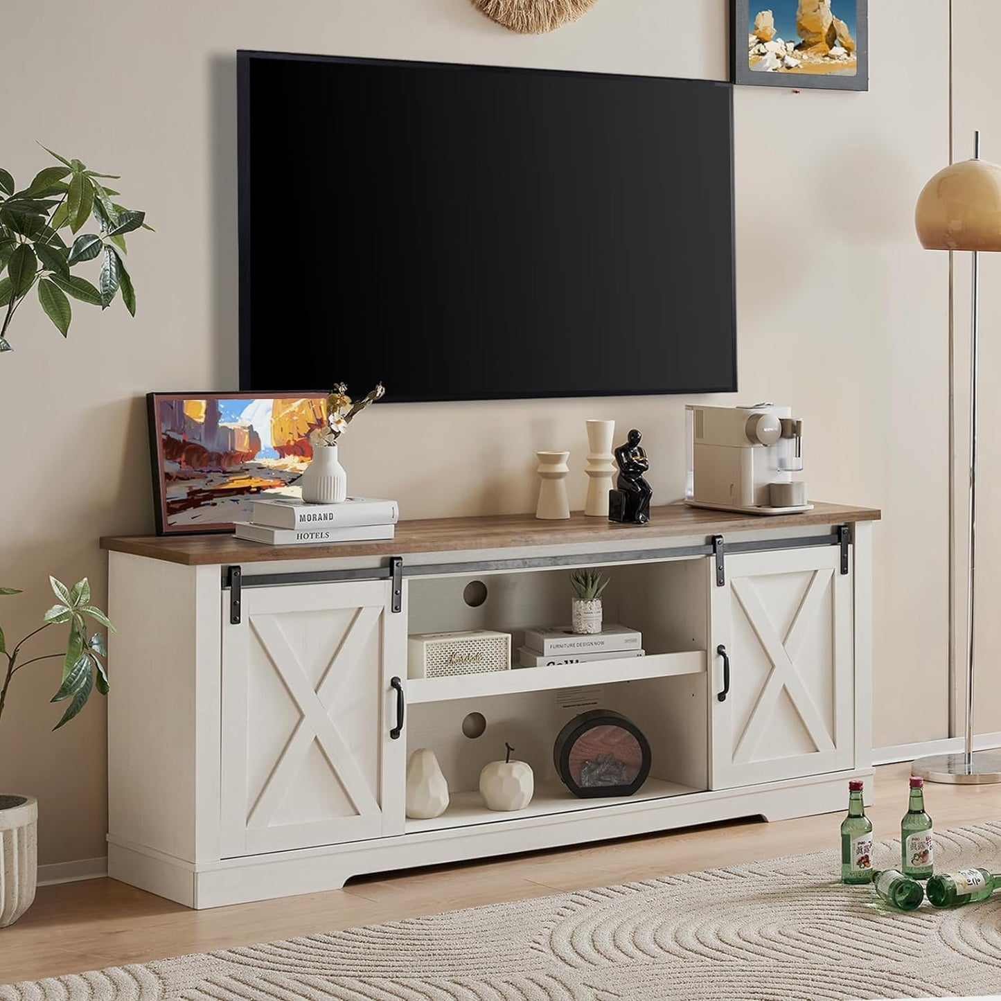 AMERLIFE Farmhouse TV Stand - Sliding Barn Door, Storage & Style!