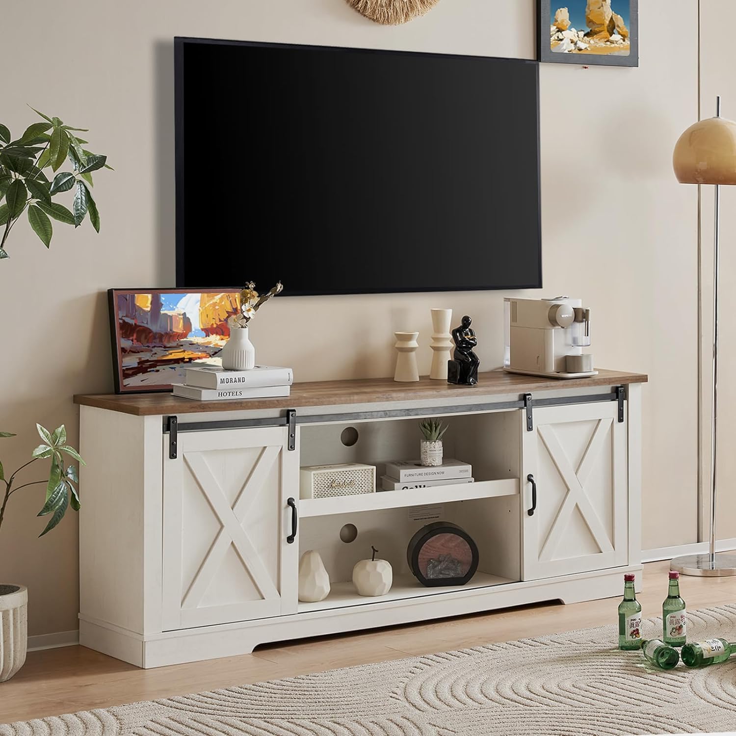 AMERLIFE Farmhouse TV Stand - Sliding Barn Door, Storage & Style!