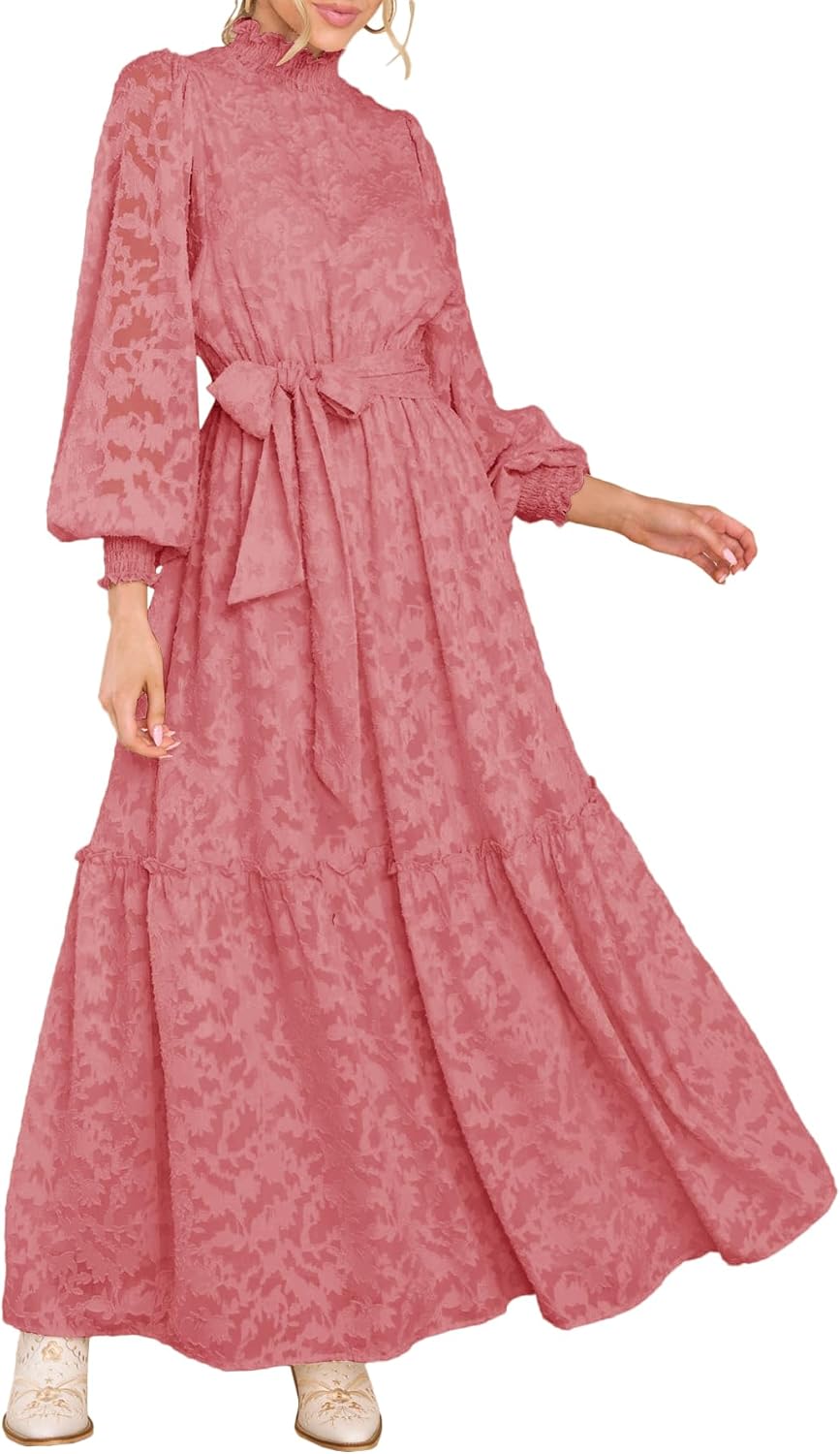 Elegant Floral High Neck Long Sleeve Maxi Dress for Women