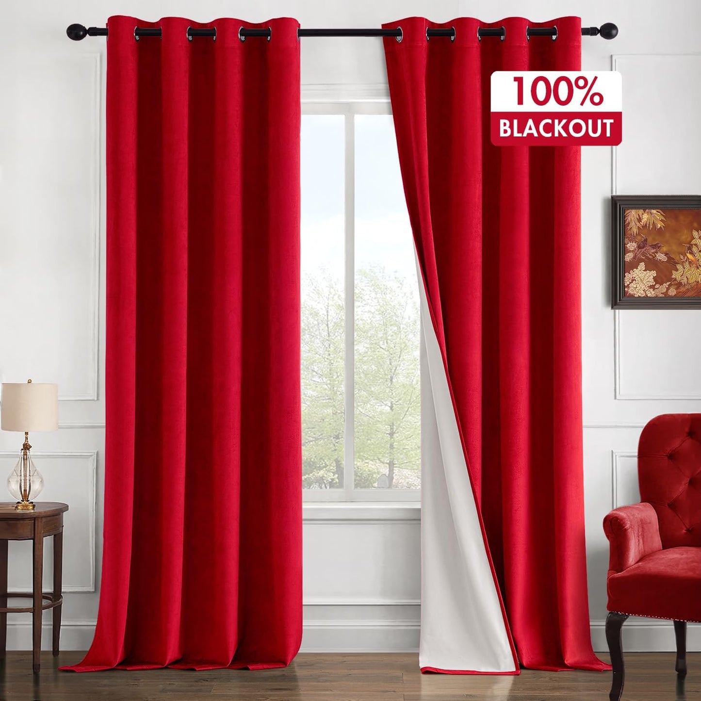 MIULEE 100% Blackout Velvet Curtains - Luxe Christmas Red Drapes