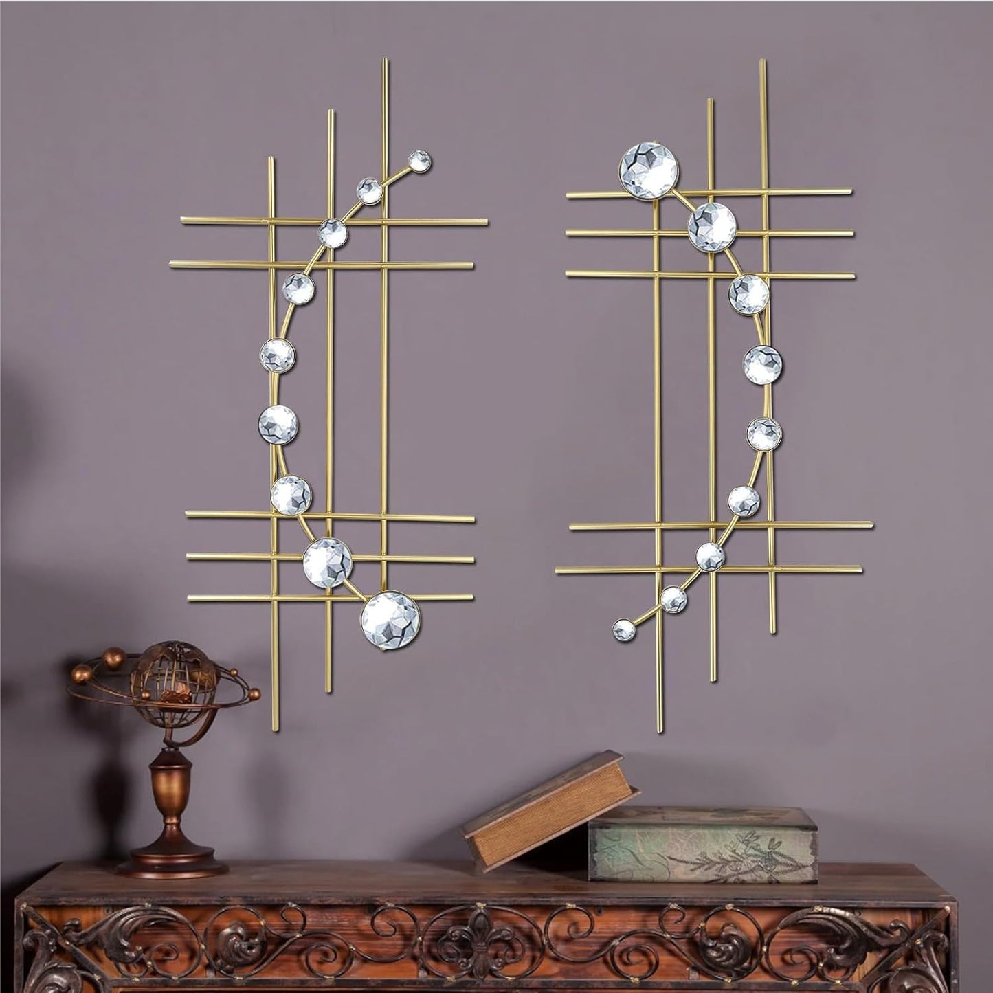 Bling Metal Wall Art Set with Jeweled Crystal Decor for Elegance