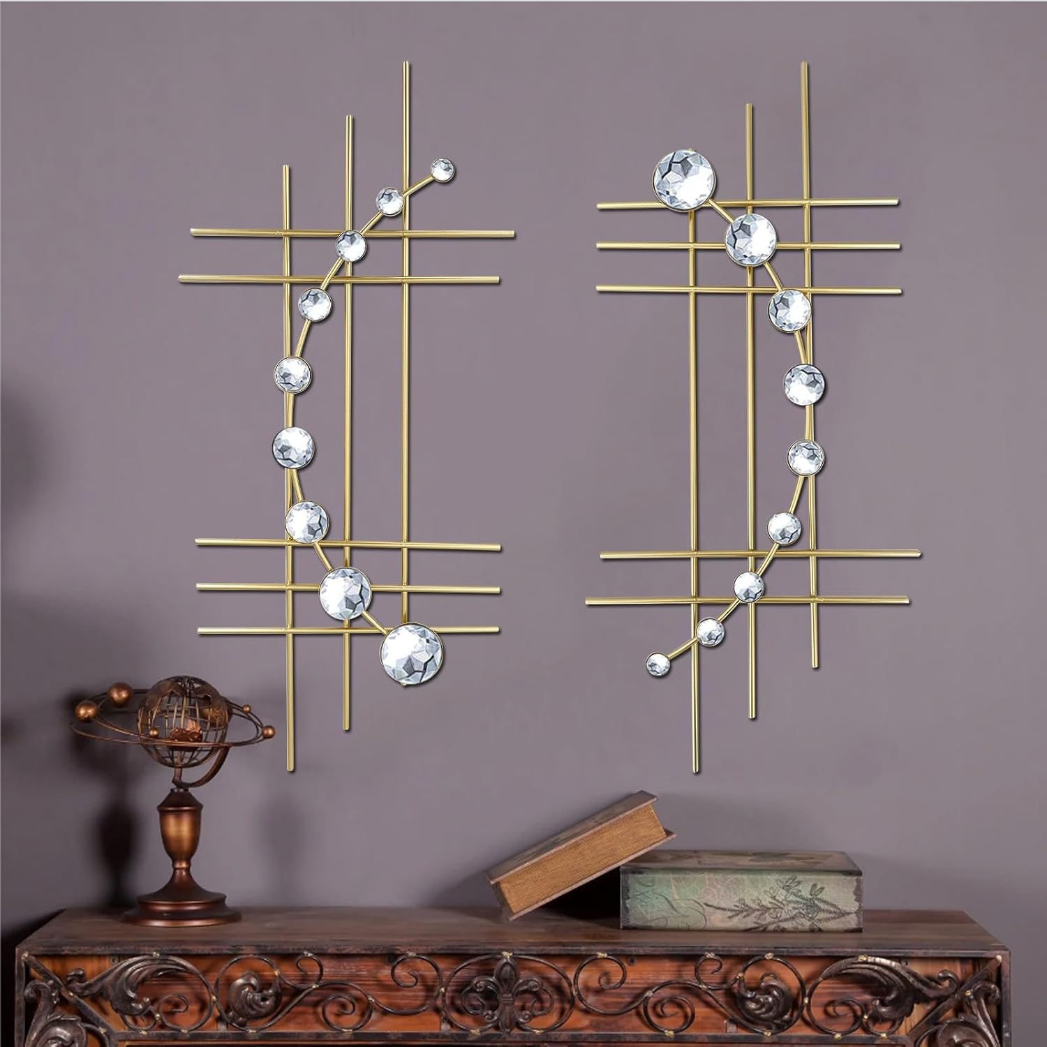 Bling Metal Wall Art Set with Jeweled Crystal Decor for Elegance